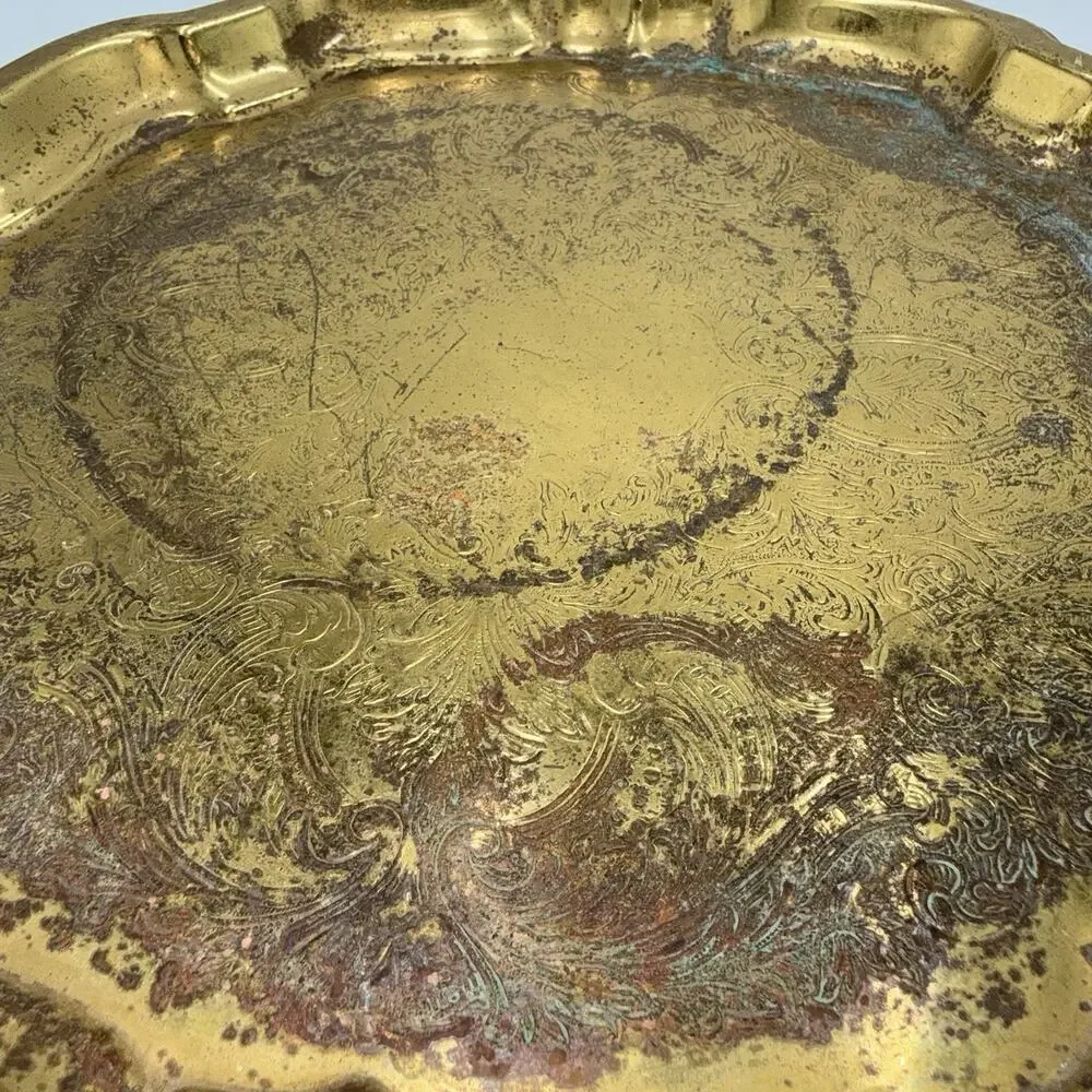 Vintage Solid Brass Scalloped Serving Tray Etched Ornate Made USA - Picture 2 of 4